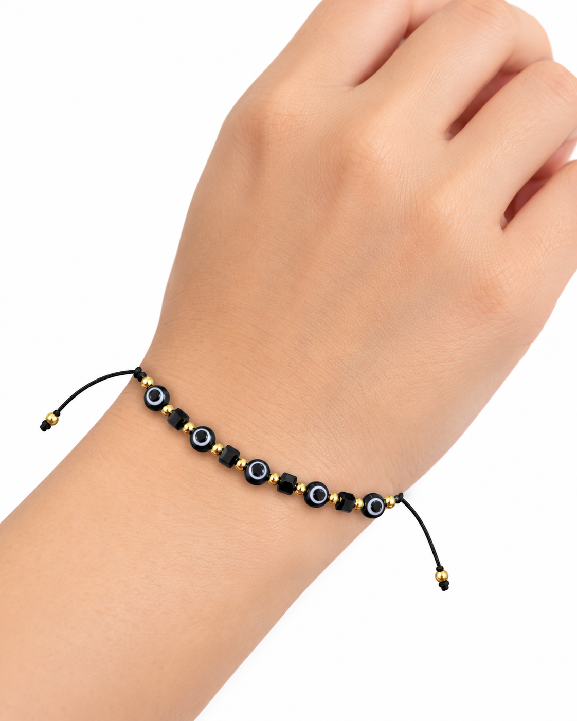 Pulsera niña con ojitos protectores y detalles dorados 🖤✨