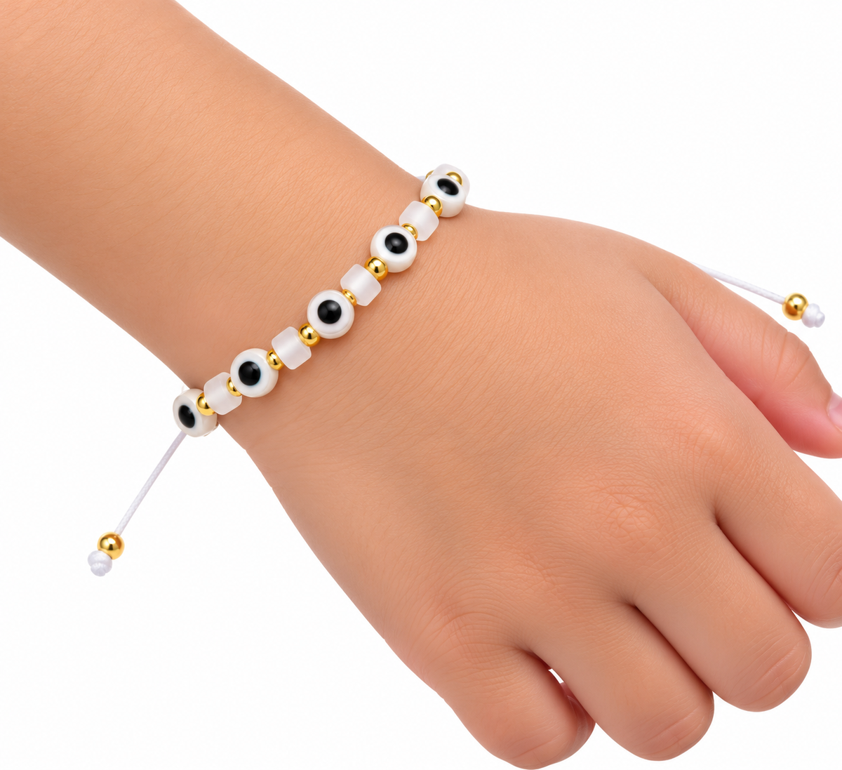 Pulsera niña con ojitos protectores y detalles dorados 🖤✨