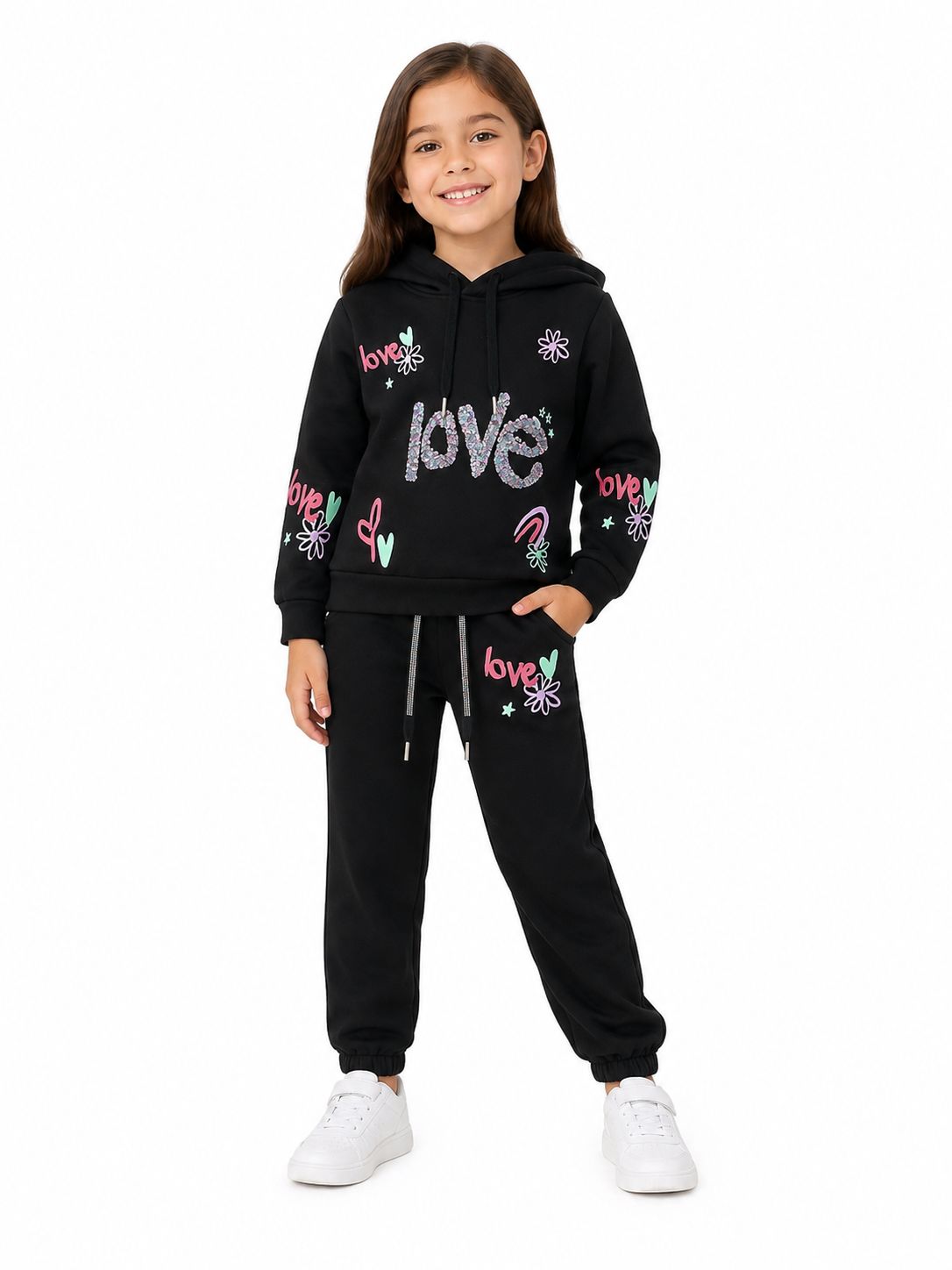 Set niña negro con sudadera y pantalón jogger Love