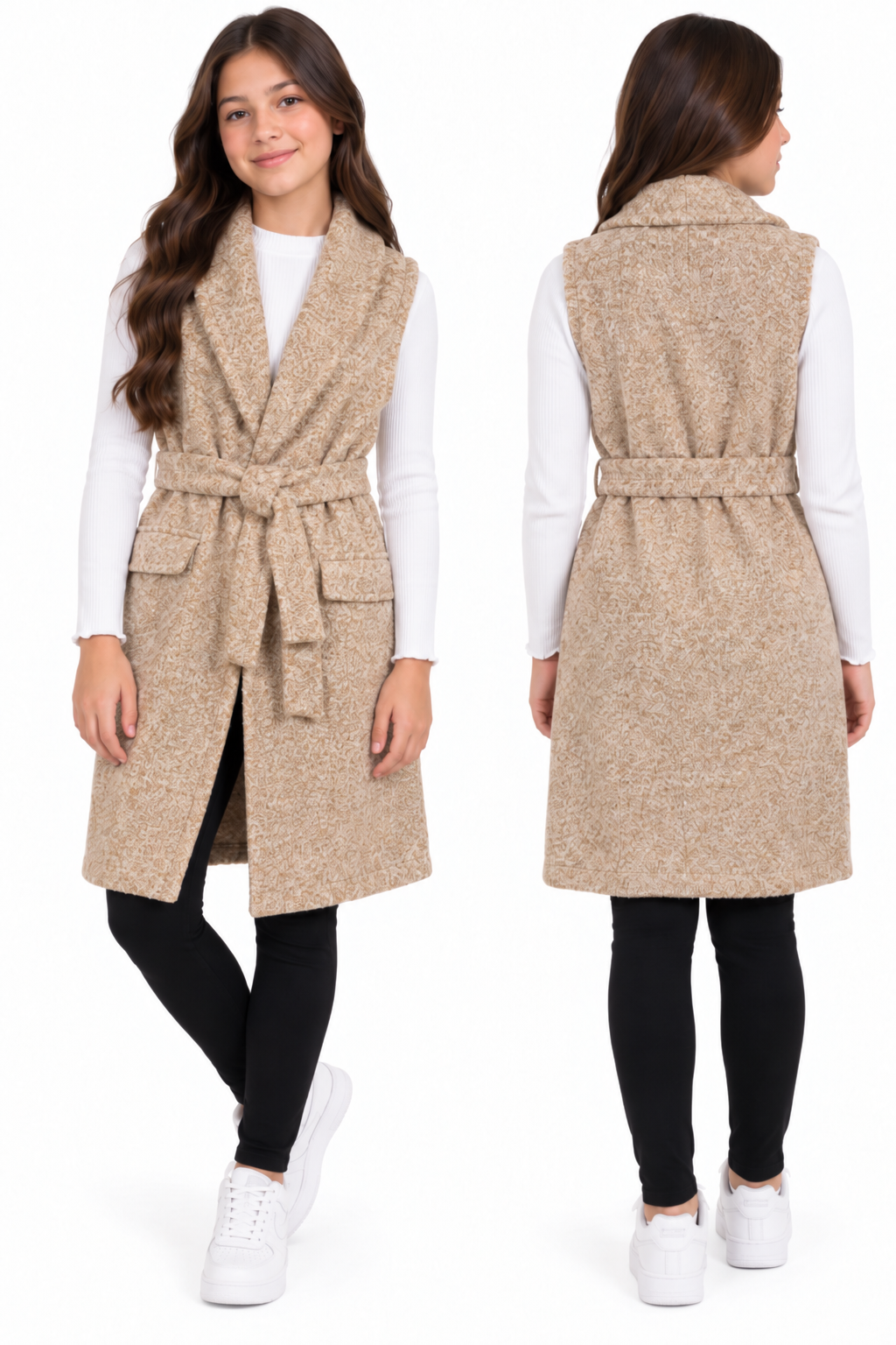 Set niña 3 piezas con chaleco beige, blusa blanca y pantalón negro 🤍🤎🖤