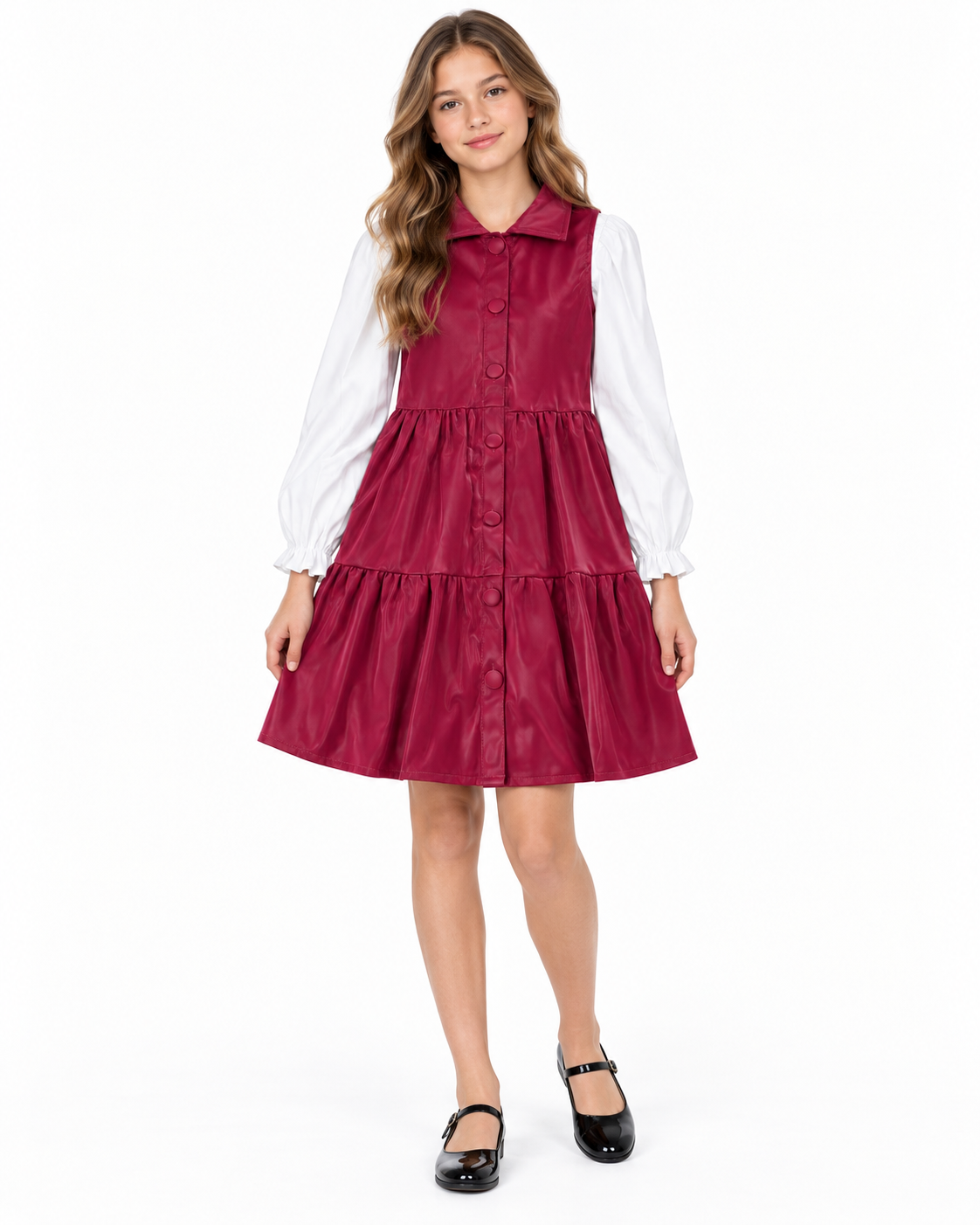 Set niña con vestido vino y blusa blanca 🤍🍷