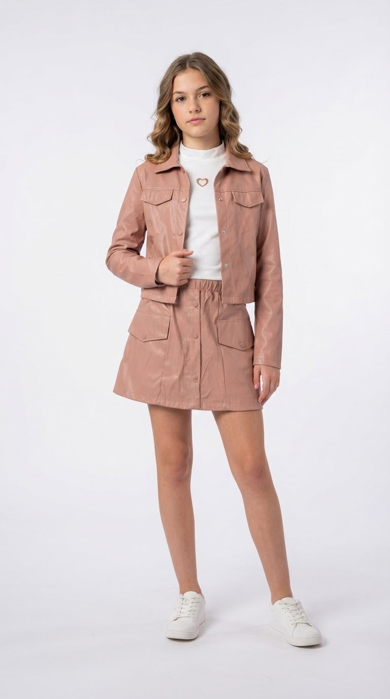 Set niña 3 piezas con chamarra y falda efecto piel