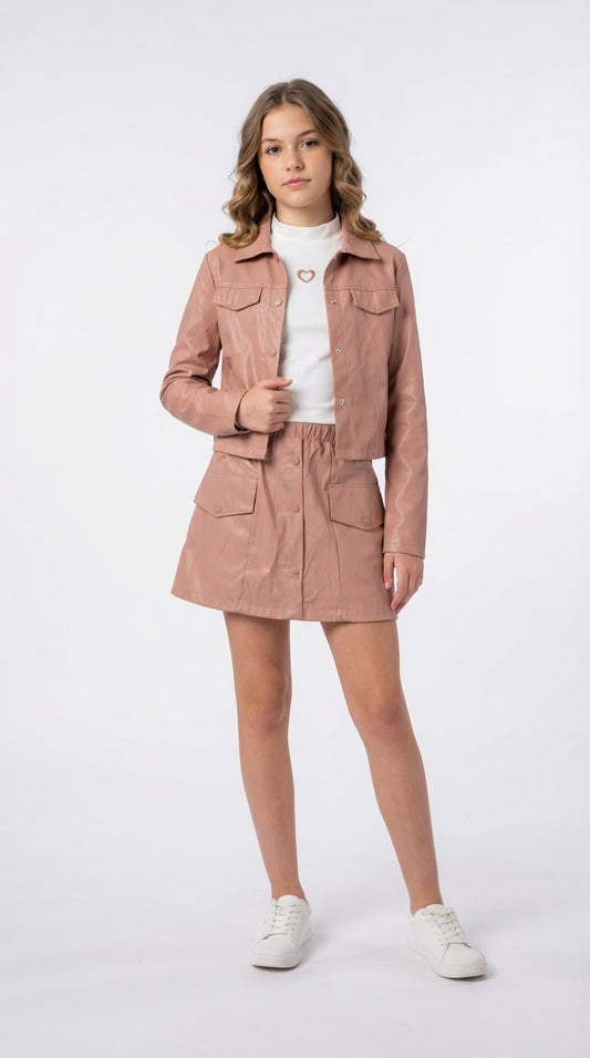Set niña 3 piezas con chamarra y falda efecto piel
