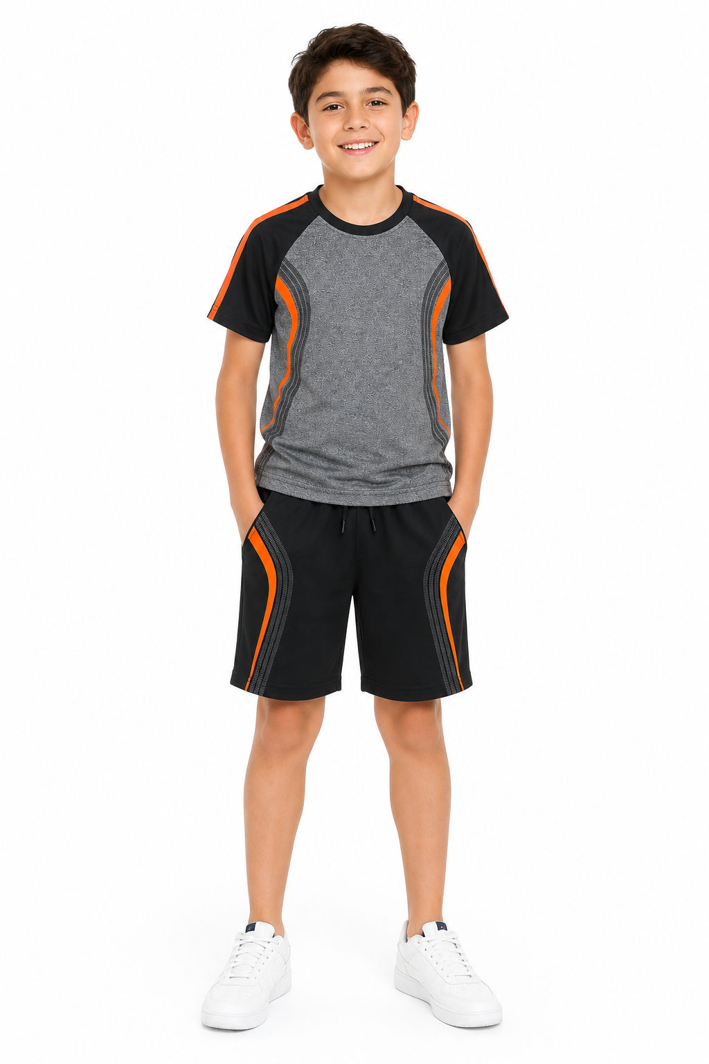 Set deportivo niño gris con negro y detalles naranja