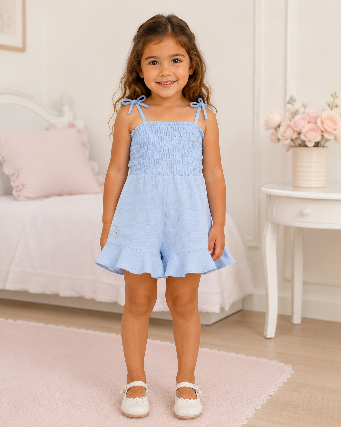 Jumper niña azul cielo con tirantes ajustables y olanes