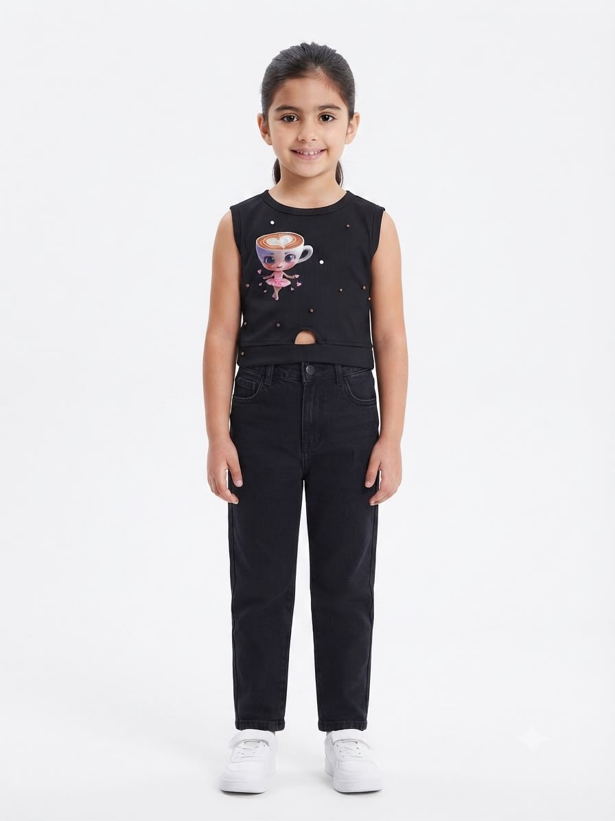 Blusa niña negra sin mangas con estampado moderno