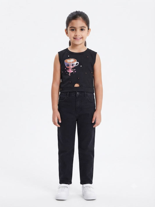 Blusa niña negra sin mangas con estampado moderno