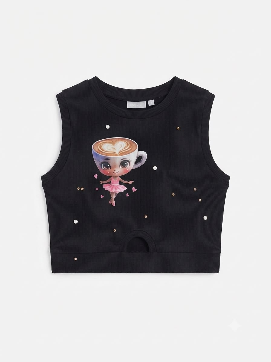 Blusa niña negra sin mangas con estampado moderno