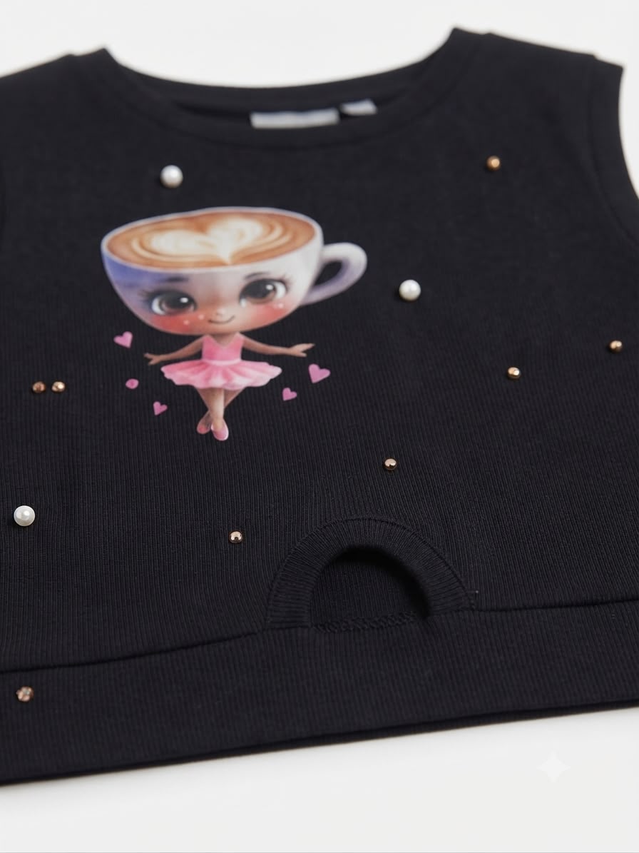 Blusa niña negra sin mangas con estampado moderno