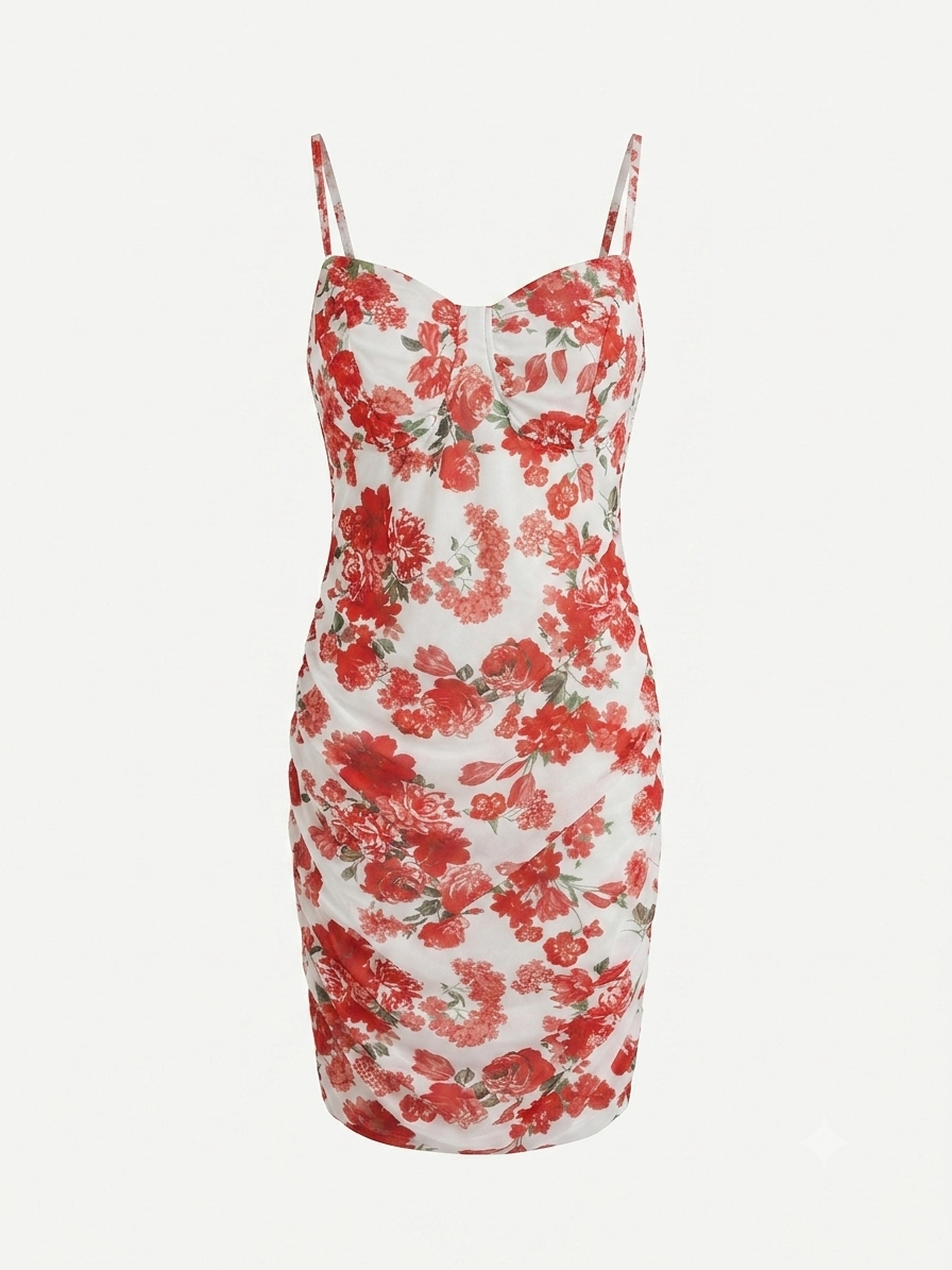 Vestido dama mediano blanco con flores rojas