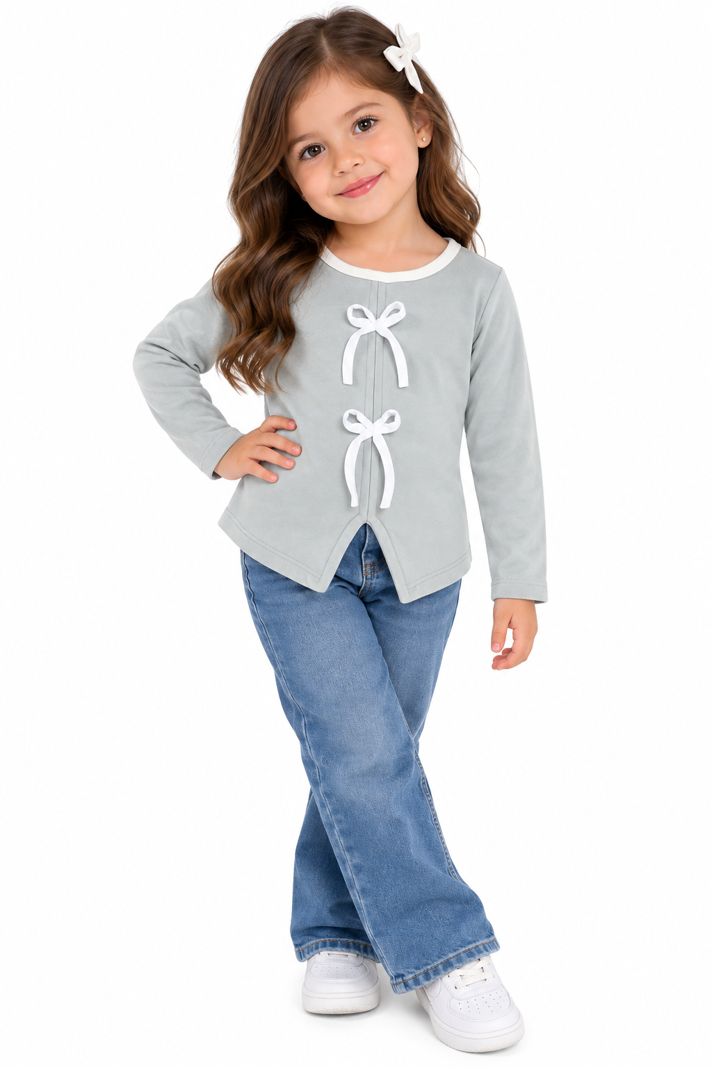 Blusa niña gris con moños blancos 🎀