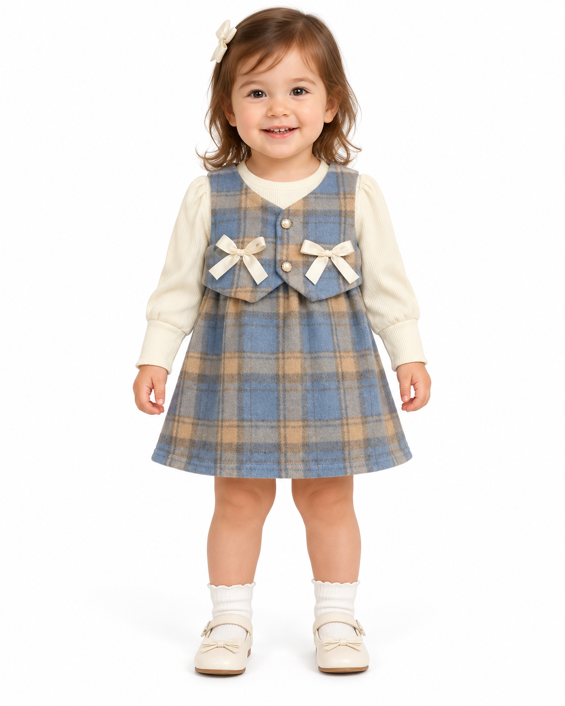 Vestido niña de cuadros con moños y botones perlados 💙