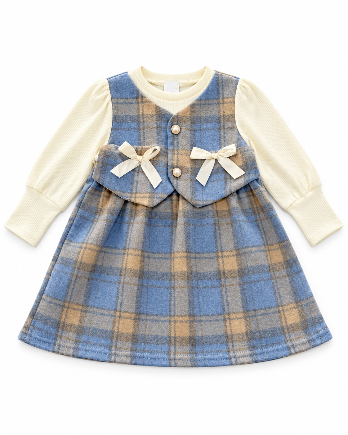Vestido niña de cuadros con moños y botones perlados 💙