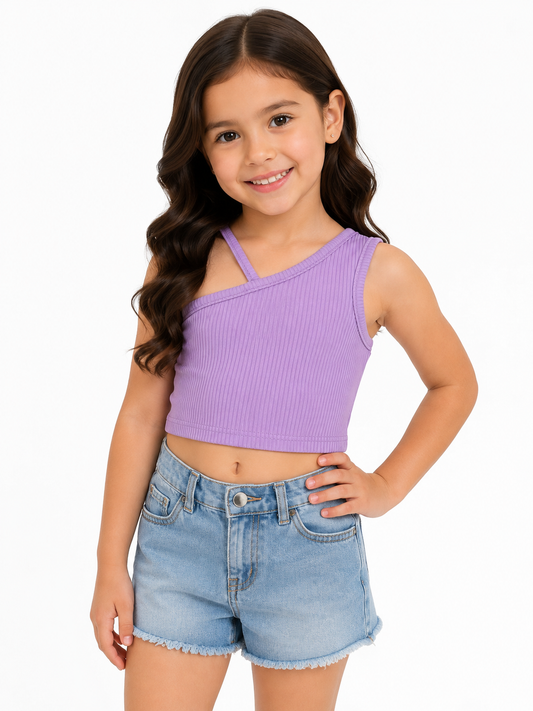 Blusa niña crop lila de un hombro