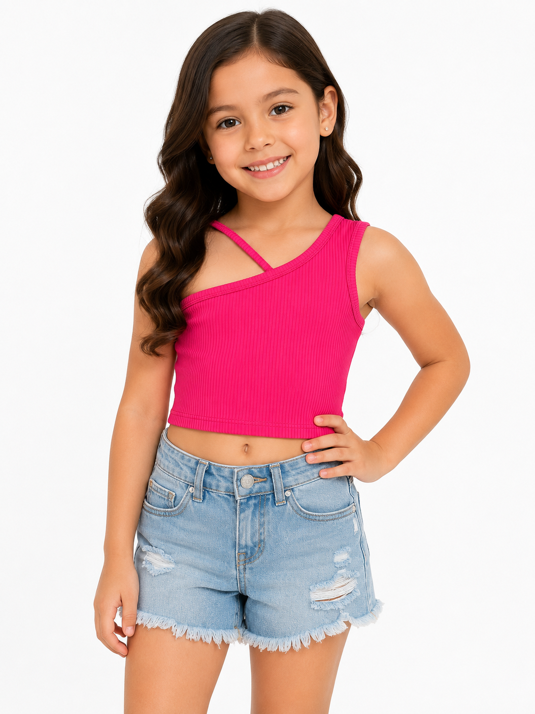 Blusa niña crop fucsia de un hombro moderno