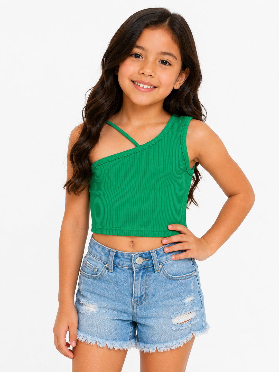Blusa niña crop verde de un hombro