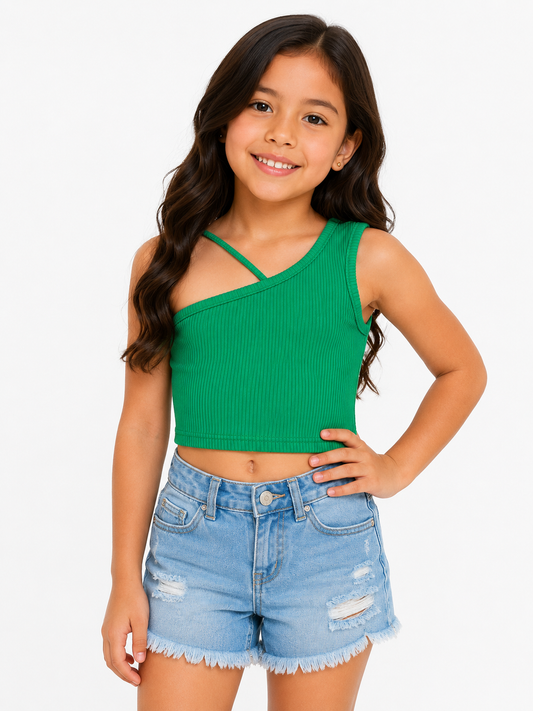 Blusa niña crop verde de un hombro