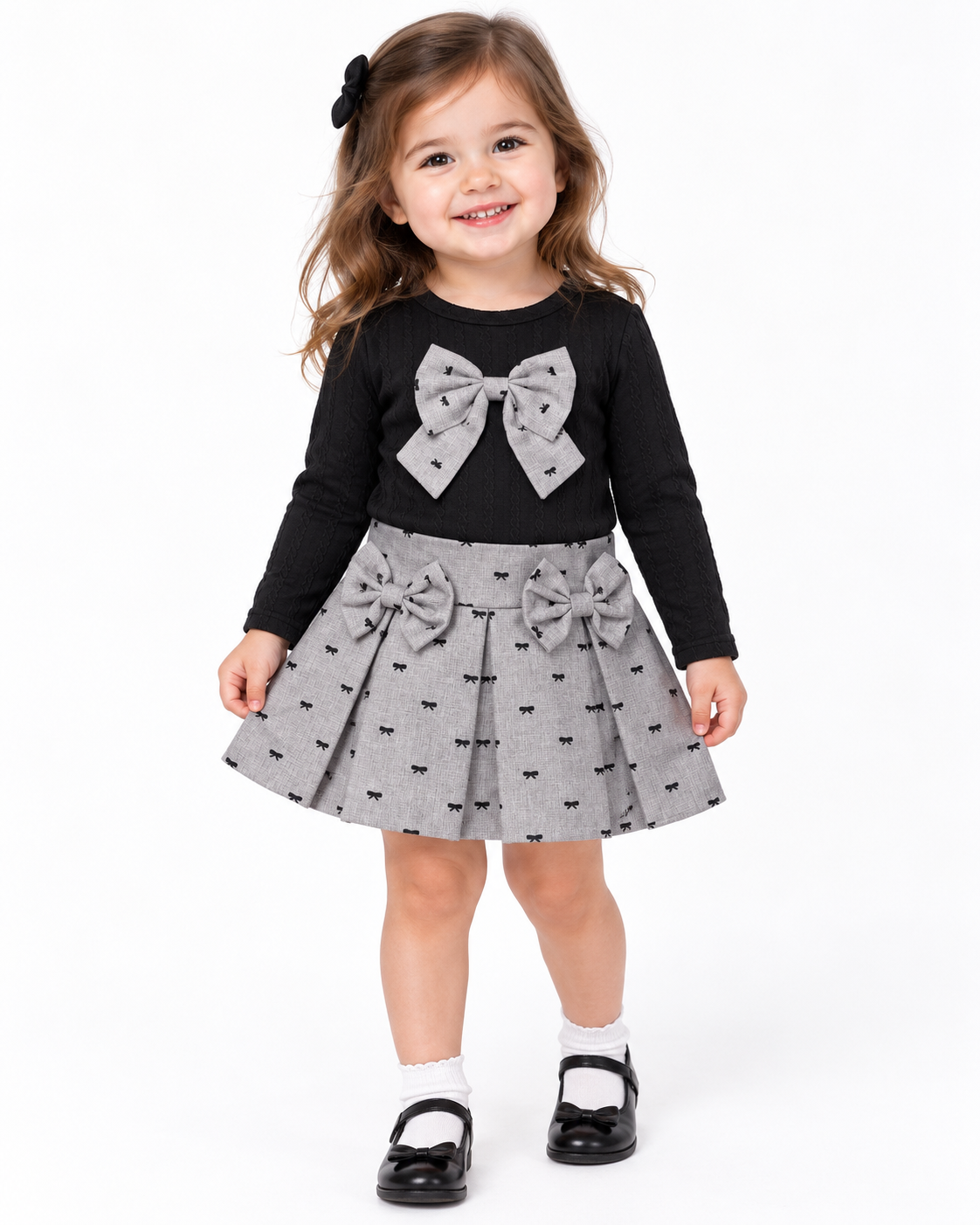 Set Niña Elegance con Moños y Falda Plisada