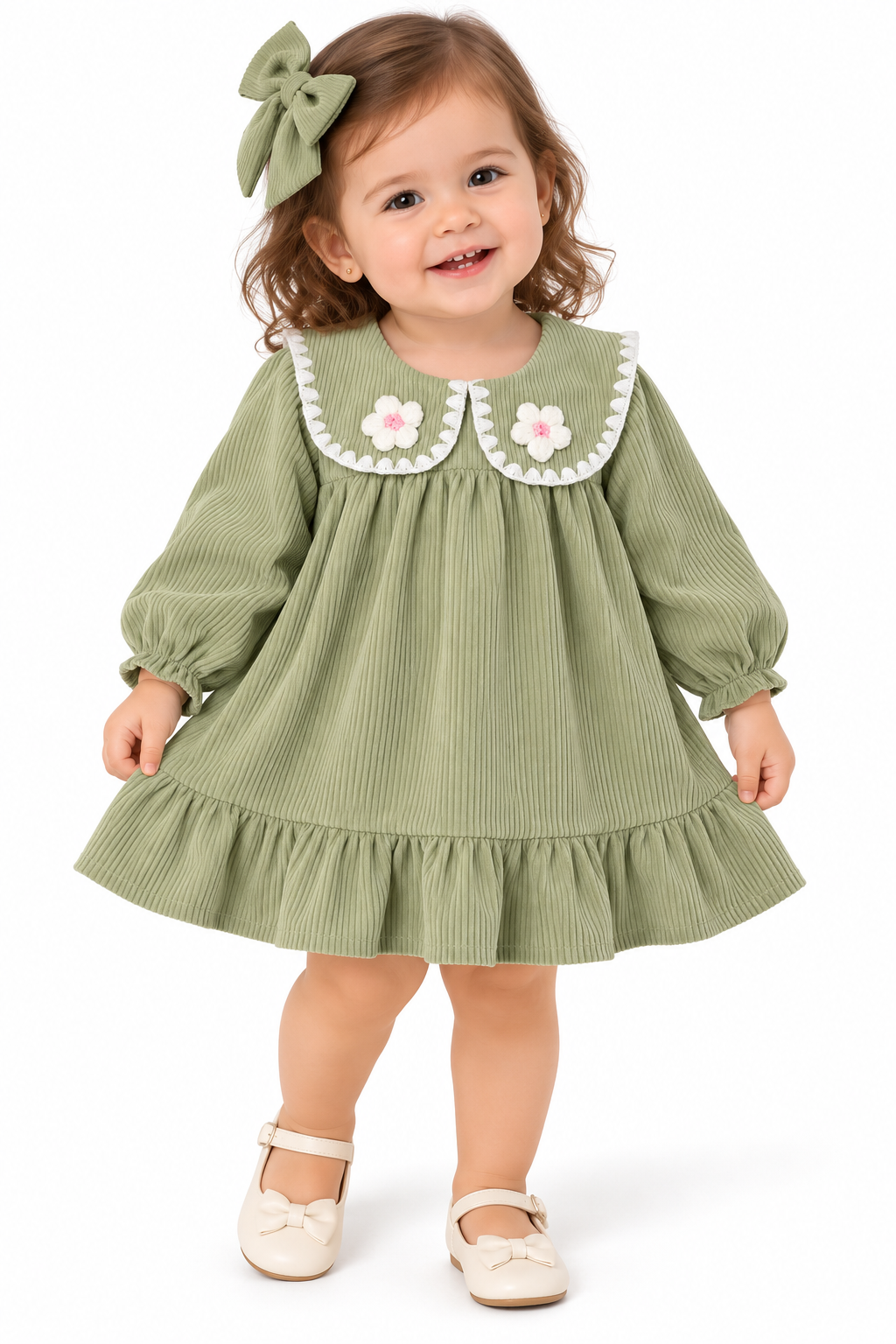Vestido Niña Verde con Cuello Floral